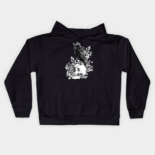 Black raven with skull and crow, skeleton eucaliptus leaves, black and white Kids Hoodie